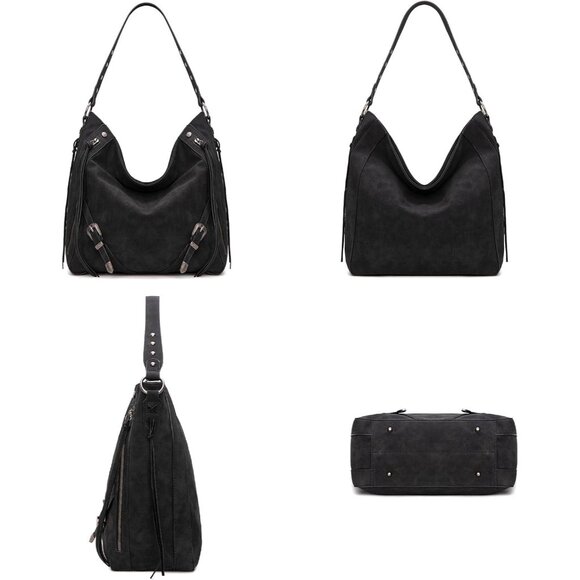 Elegant Wrangler Large Black Hobo Bag with Buckle Detail & Quick-Access Pockets - Picture 4 of 8